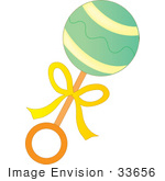 #33656 Clip Art Graphic Of A Green Baby Rattle With A Yellow Bow