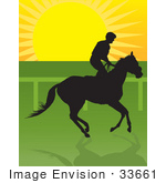 #33661 Clip Art Graphic Of A Silhouetted Jockey Riding On Horseback At Sunrise