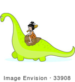 #33908 Clip Art Graphic Of A Cute Cave Woman In A Leopard Print Dress And A Bone In Her Hair Resting A Club On Her Shoulder And Riding On The Back Of A Green Brontosaurus Dino