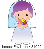#34090 Clipart Illustration Of A Purple Haired Bride In A Veil And Wedding Gown Holding A Bouquet Of Flowers