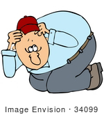 #34099 Clip Art Graphic of a Scared Man Ducking And Covering His Head During An Earthquake by DJArt