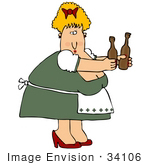 #34106 Clip Art Graphic Of A Flirty Chubby Blond Lady Serving Bottles Of Beer At Oktoberfest