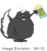 #34113 Clip Art Graphic Of Drunk As A Skunk A Fat Skunk Drinking Beer From A Mug And Holding The Class Up