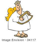 #34117 Clip Art Graphic Of A Musical Angel Strumming A Lyre Instrument In Heaven