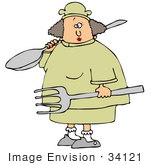 #34121 Clip Art Graphic Of A Female Caucasian Chef In A Yellow Uniform Carrying A Giant Fork And Spoon