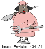 #34124 Clip Art Graphic Of A Female African American Chef In Pink Carrying A Giant Spoon And Fork