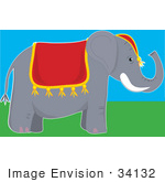 #34132 Clip Art Graphic Of A Circus Elephant With A Red Cloth Draped Over Its Back