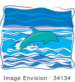 #34134 Clip Art Graphic Of A Dolphin Swimming In The Tropics And Jumping Out Of The Wavy Water