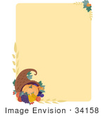 #34158 Clip Art Graphic Of A Pumpkin Grapes And Pears With Wheat In A Cornucopia Basket On A Thanksgiving Stationery Background