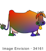 #34161 Clip Art Graphic Of A Colorful Rainbow Cow Wearing A Gold Bell On A Dairy Farm