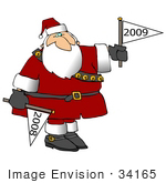 #34165 Clip Art Graphic Of A Festive Santa Claus Holding New Years Flags For 2008 And 2009