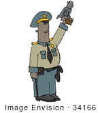 #34166 Clip Art Graphic Of A Black Male Cop Shooting A Pistil Into The Air To Calm People