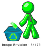 #34175 Clip Art Graphic Of A Green Guy Character Wearing A Business Tie And Tossing A Bottle Into A Recycle Bin
