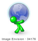 #34176 Clip Art Graphic Of A Green Guy Character Bending Back And Carrying A Large Blue Globe
