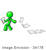 #34178 Clip Art Graphic Of A Green Guy Character Wearing A Business Tie Looking Back At Papers Blowing Away In A Breeze