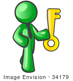 #34179 Clip Art Graphic Of A Green Guy Character Wearing A Business Tie And Holding A Golden Key