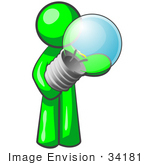 #34181 Clip Art Graphic Of A Green Guy Character Standing And Holding A Glass Electric Light Bulb