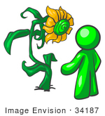 #34187 Clip Art Graphic Of A Green Guy Character Standing In Front Of His Giant Sunflower In A Garden