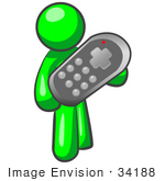 #34188 Clip Art Graphic Of A Green Guy Character Holding A Giant Remote Control