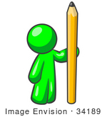 #34189 Clip Art Graphic Of A Green Guy Character Holding Up A Giant Yellow Pencil