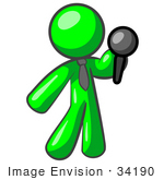 #34190 Clip Art Graphic Of A Green Guy Character Wearing A Business Tie And Holding Out A Microphone