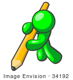 #34192 Clip Art Graphic Of A Green Guy Character Leaning Heavily And Trying To Write A Message With A Yellow Pencil
