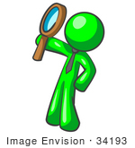 #34193 Clip Art Graphic Of A Green Guy Character Wearing A Business Tie And Holding Up A Magnifying Glass In Search Of A Way To Prevent Pollution