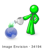 #34194 Clip Art Graphic Of A Green Guy Character In A Business Tie Watering A Garden Of Sprouting Grasses On Top Of A Blue Globe