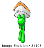 #34198 Clip Art Graphic Of A Green Guy Character Holding His Home Up High To Keep Safe From Foreclosure
