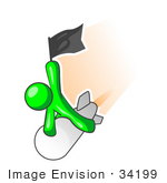 #34199 Clip Art Graphic Of A Green Guy Character Holding Up A Black Flag And Shooting Past On A Rocket Over An Orange Background