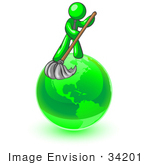 #34201 Clip Art Graphic Of A Green Guy Character Wearing A Business Tie And Mopping Up Pollution On The Green Earth