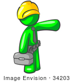 #34203 Clip Art Graphic Of A Green Guy Character Construction Worker Wearing A Hard Hat Tool Belt And Tie And Carrying A Tool Box