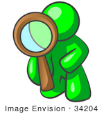 #34204 Clip Art Graphic Of A Green Guy Character Kneeling And Looking Through A Magnifying Glass To Find A Solution To Pollution