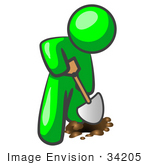 #34205 Clip Art Graphic Of A Green Guy Character Using A Shovel To Dig For Oil Or Digging A Hole To Plant A Seed