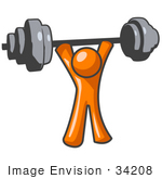 #34208 Clip Art Graphic Of An Orange Man Character Holding Up A Heavy Barbell Above His Head