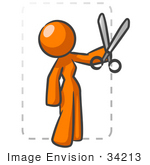 #34213 Clip Art Graphic Of An Orange Woman Character Snipping A Coupoun From The Newspaper