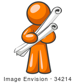 #34214 Clip Art Graphic Of An Orange Man Character Holding Two Long Scrolled Blueprints Or Design Plans
