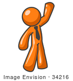 #34216 Clip Art Graphic Of An Orange Man Character Wearing A Business Tie And Waving To Friends