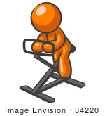 #34220 Clip Art Graphic Of An Orange Man Character Getting Fit While Exercising On A Stationary Bike In A Fitness Gym