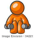 #34221 Clip Art Graphic Of An Orange Man Character Doing Squats And Lifting Weights At The Fitness Gym