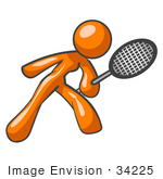 #34225 Clip Art Graphic Of An Orange Woman Character Bending Slightly And Reaching Out With A Racket While Playing A Game Of Tennis