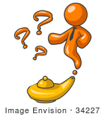 #34227 Clip Art Graphic Of An Orange Genie Man Character Wearing A Business Tie And Emerging From A Golden Lamp With Three Available Wishes For His Master