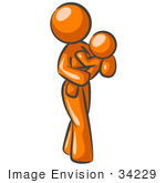 #34229 Clip Art Graphic Of An Orange Woman Mom Character Carrying Her Young Child In Her Arms