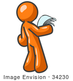#34230 Clip Art Graphic Of An Orange Guy Character Standing In Shock And Reading A Good Resume Long Letter Or Legal Documents