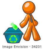 #34231 Clip Art Graphic Of An Orange Guy Character Wearing A Business Tie And Tossing A Bottle Into A Recycle Bin