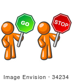 #34234 Clip Art Graphic Of Conflicting Orange Guy Characters Holding Red Stop And Green Go Signs