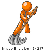 #34237 Clip Art Graphic Of An Orange Guy Character Wearing A Tie And Mopping Up A Mess On A Floor