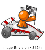 #34241 Clip Art Graphic Of An Orange Guy Character Holding A Checkered Flag And Driving A Race Car