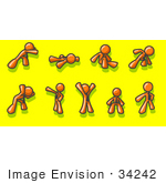 #34242 Clip Art Graphic Of An Orange Guy Character Collection Of 9 Different Poses Showing Strength