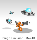 #34243 Clip Art Graphic Of An Orange Guy Character In A Business Tie Kneeling And Shooting Laser Guns At Attacking Ufos